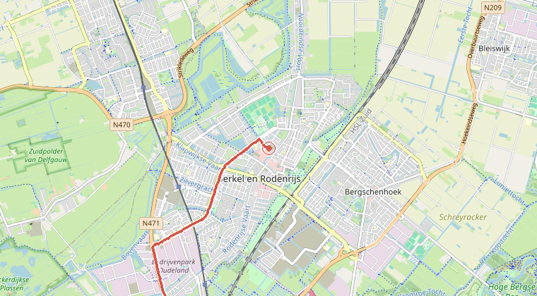 Kaart van de omgeving van de melding, met de kazerne die is gealarmeerd
