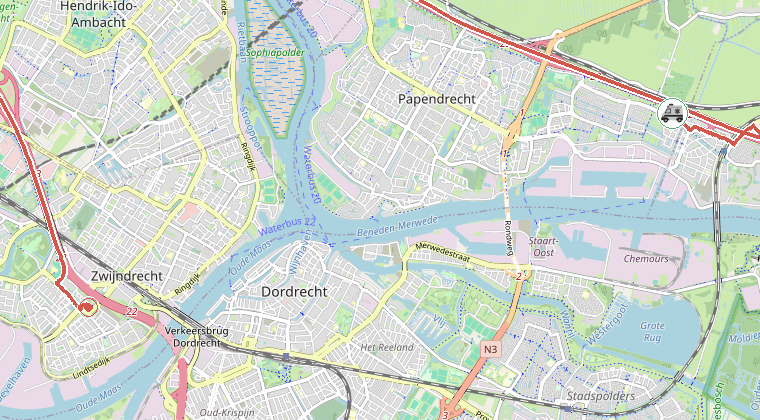 Kaart van de omgeving van de melding, met de kazerne die is gealarmeerd