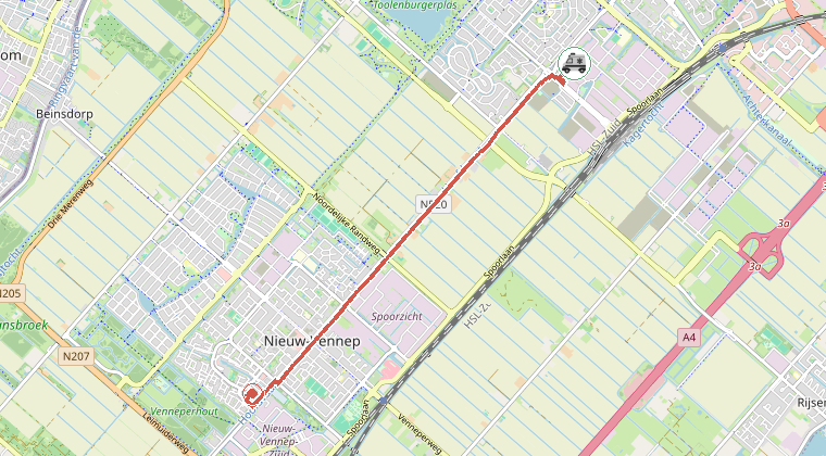 Kaart van de omgeving van de melding, met de kazerne die is gealarmeerd