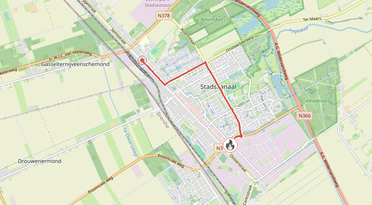 Kaart van de omgeving van de melding, met de kazerne die is gealarmeerd