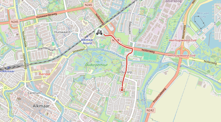 Kaart van de omgeving van de melding, met de kazerne die is gealarmeerd