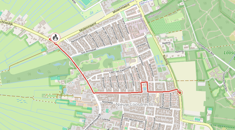 Kaart van de omgeving van de melding, met de kazerne die is gealarmeerd