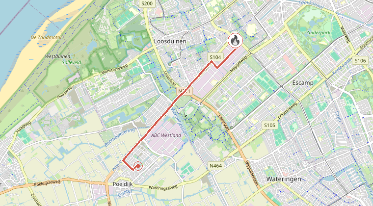 Kaart van de omgeving van de melding, met de kazerne die is gealarmeerd