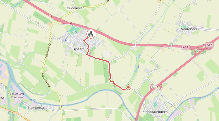Kaart van de omgeving van de melding, met de kazerne die is gealarmeerd