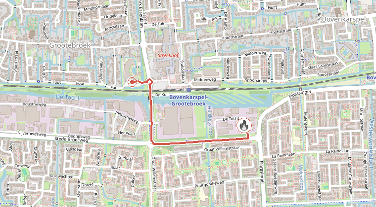 Kaart van de omgeving van de melding, met de kazerne die is gealarmeerd