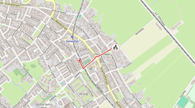 Kaart van de omgeving van de melding, met de kazerne die is gealarmeerd
