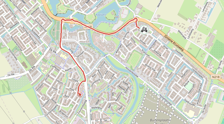 Kaart van de omgeving van de melding, met de kazerne die is gealarmeerd