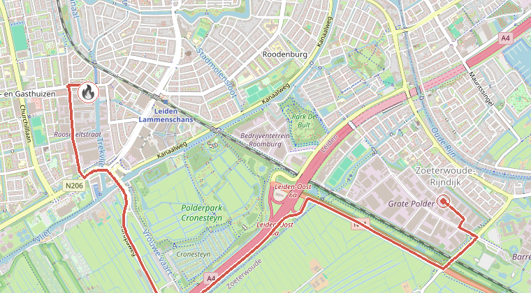 Kaart van de omgeving van de melding, met de kazerne die is gealarmeerd