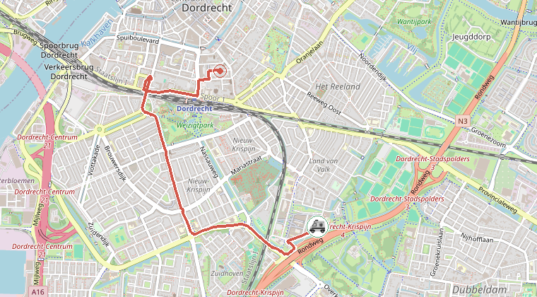 Kaart van de omgeving van de melding, met de kazerne die is gealarmeerd