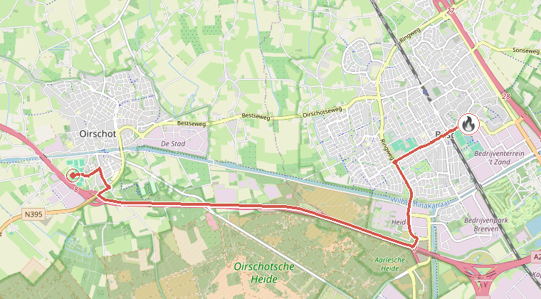 Kaart van de omgeving van de melding, met de kazerne die is gealarmeerd