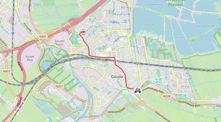 Kaart van de omgeving van de melding, met de kazerne die is gealarmeerd