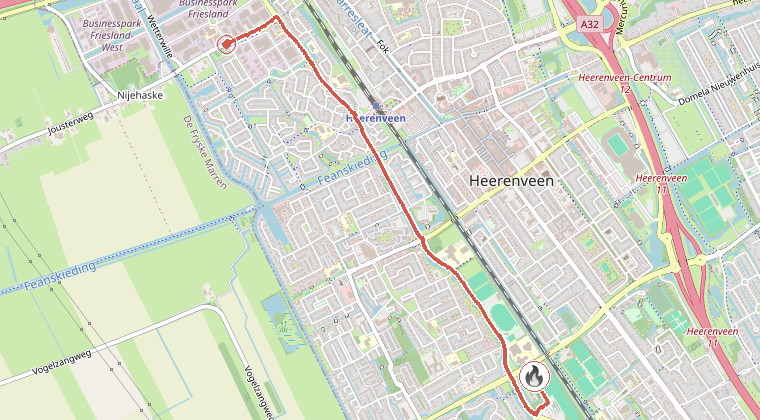 Kaart van de omgeving van de melding, met de kazerne die is gealarmeerd
