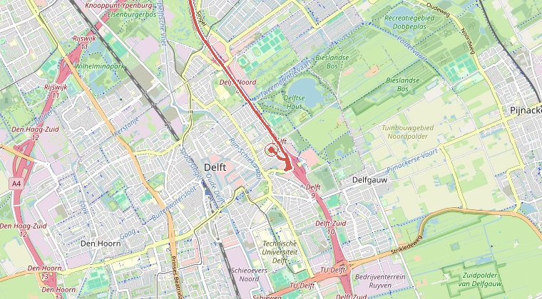 Kaart van de omgeving van de melding, met de kazerne die is gealarmeerd