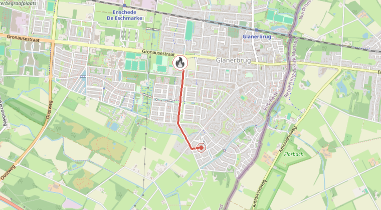 Kaart van de omgeving van de melding, met de kazerne die is gealarmeerd