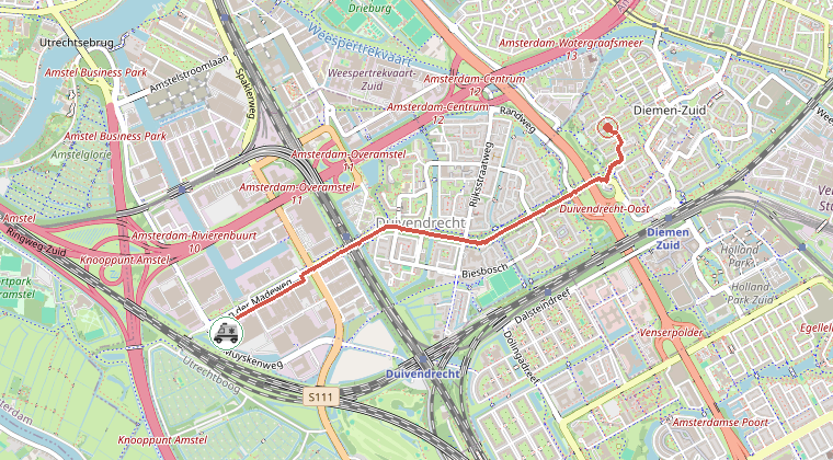Kaart van de omgeving van de melding, met de kazerne die is gealarmeerd