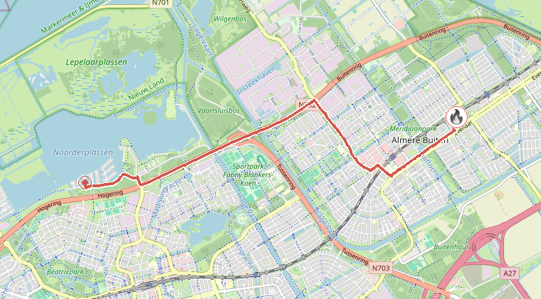 Kaart van de omgeving van de melding, met de kazerne die is gealarmeerd