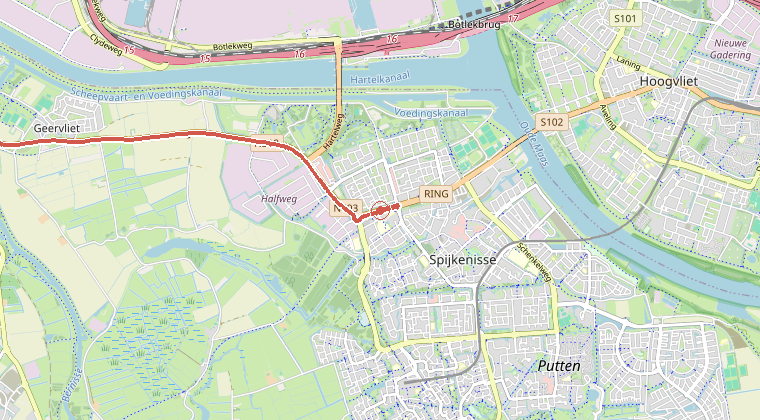 Kaart van de omgeving van de melding, met de kazerne die is gealarmeerd