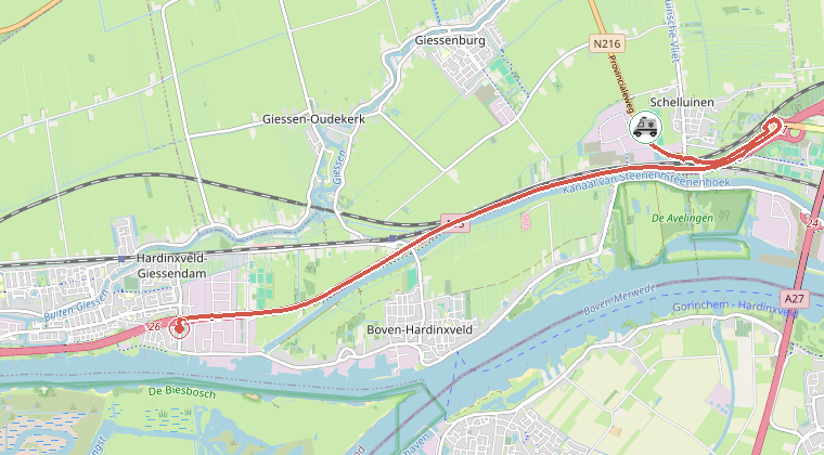 Kaart van de omgeving van de melding, met de kazerne die is gealarmeerd