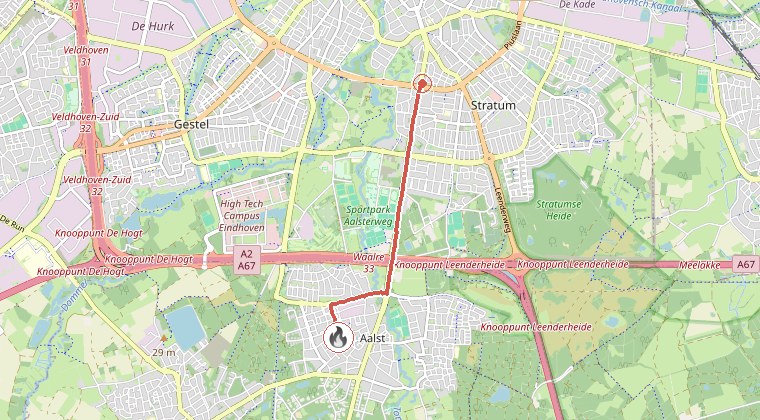 Kaart van de omgeving van de melding, met de kazerne die is gealarmeerd