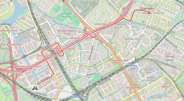 Kaart van de omgeving van de melding, met de kazerne die is gealarmeerd