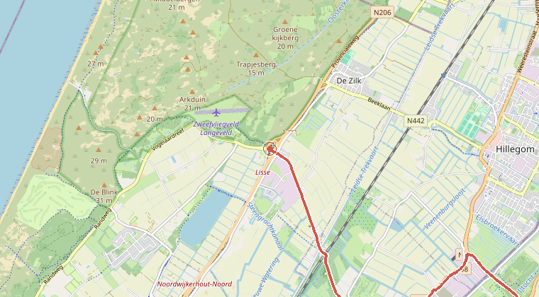 Kaart van de omgeving van de melding, met de kazerne die is gealarmeerd