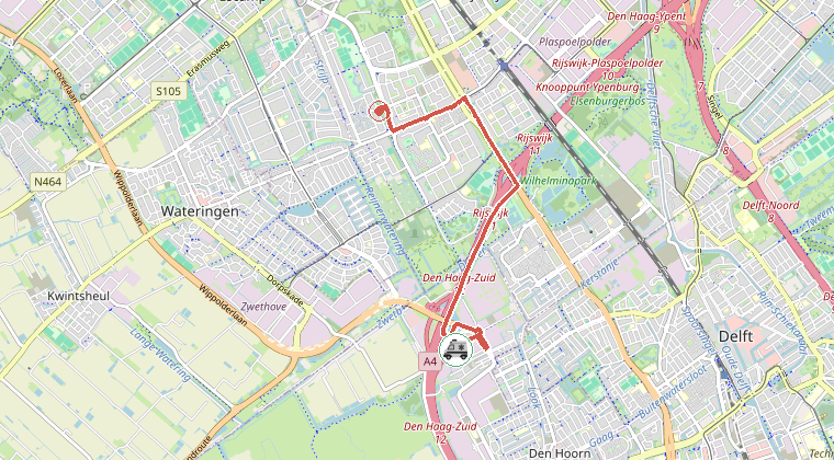 Kaart van de omgeving van de melding, met de kazerne die is gealarmeerd