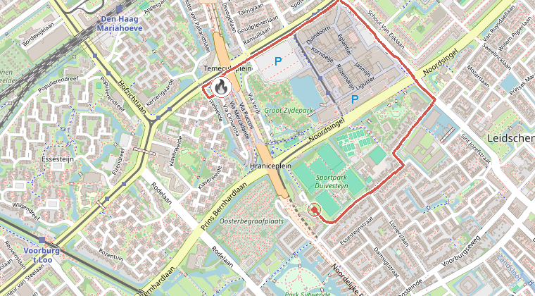 Kaart van de omgeving van de melding, met de kazerne die is gealarmeerd