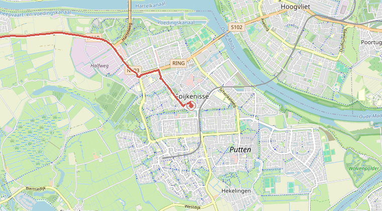 Kaart van de omgeving van de melding, met de kazerne die is gealarmeerd