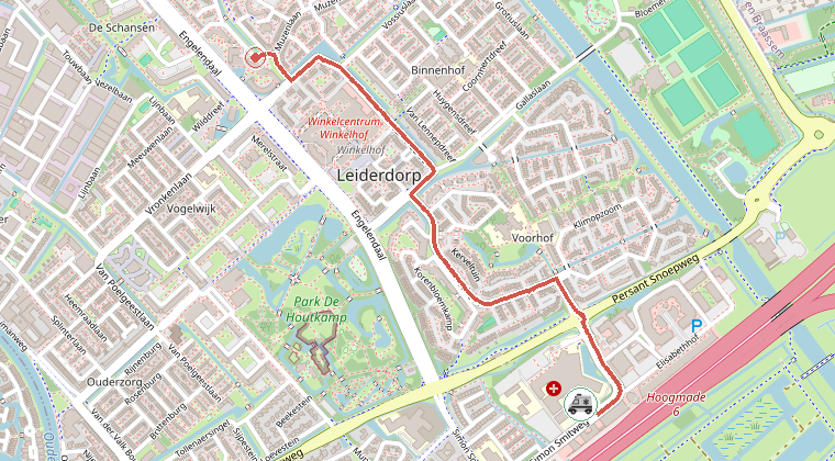 Kaart van de omgeving van de melding, met de kazerne die is gealarmeerd