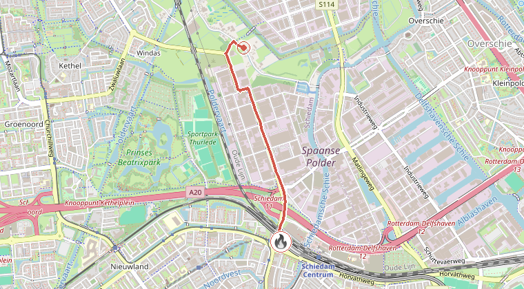 Kaart van de omgeving van de melding, met de kazerne die is gealarmeerd
