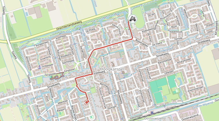 Kaart van de omgeving van de melding, met de kazerne die is gealarmeerd