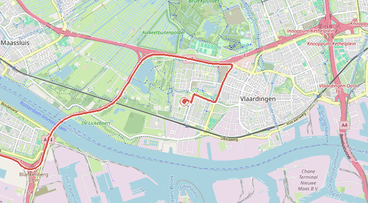 Kaart van de omgeving van de melding, met de kazerne die is gealarmeerd