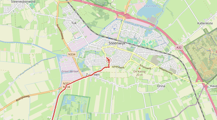 Kaart van de omgeving van de melding, met de kazerne die is gealarmeerd