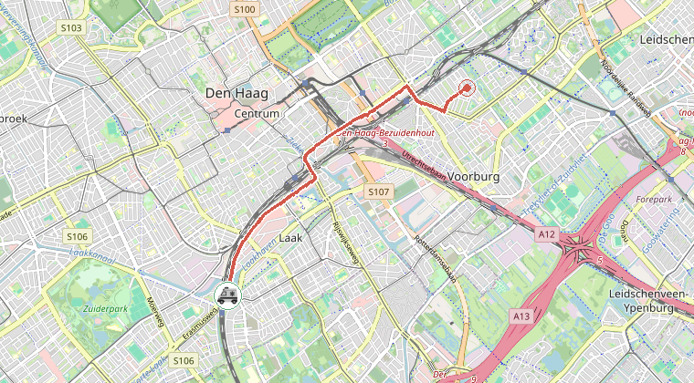 Kaart van de omgeving van de melding, met de kazerne die is gealarmeerd