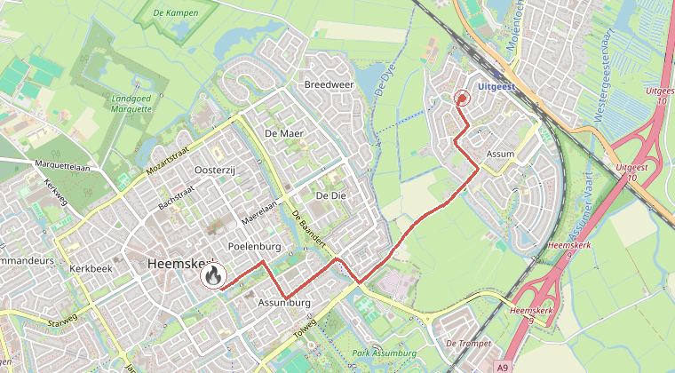Kaart van de omgeving van de melding, met de kazerne die is gealarmeerd