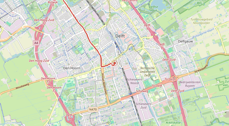 Kaart van de omgeving van de melding, met de kazerne die is gealarmeerd