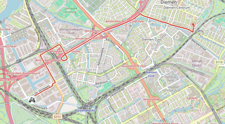 Kaart van de omgeving van de melding, met de kazerne die is gealarmeerd