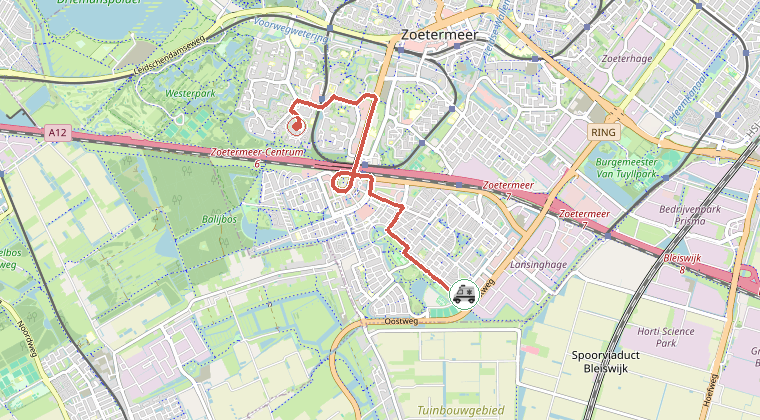 Kaart van de omgeving van de melding, met de kazerne die is gealarmeerd