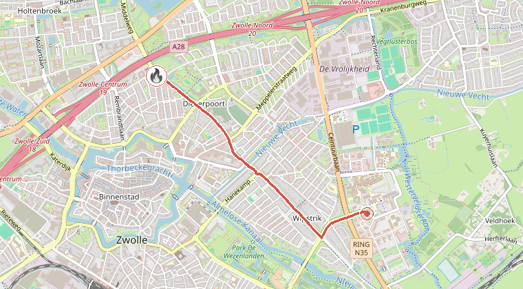 Kaart van de omgeving van de melding, met de kazerne die is gealarmeerd