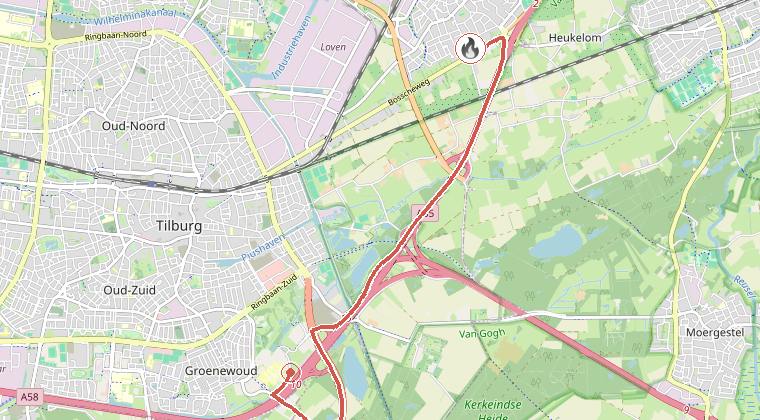 Kaart van de omgeving van de melding, met de kazerne die is gealarmeerd