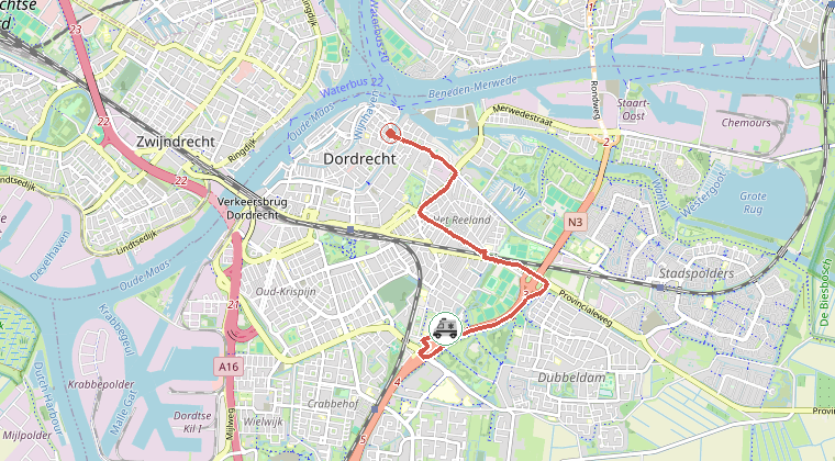 Kaart van de omgeving van de melding, met de kazerne die is gealarmeerd