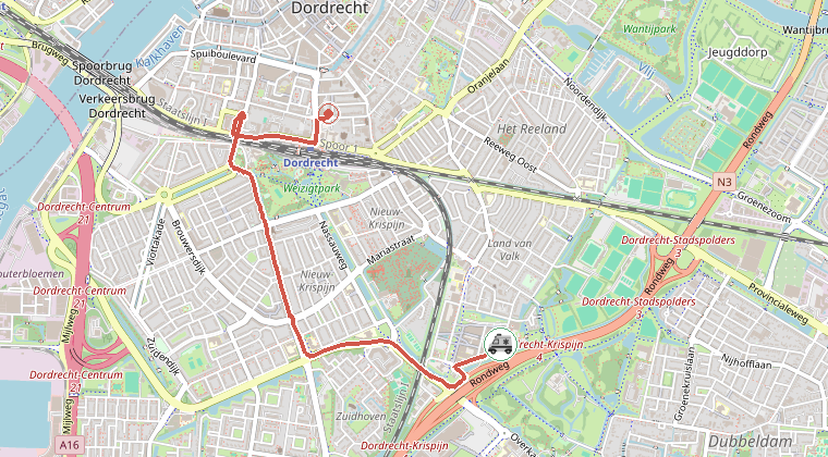 Kaart van de omgeving van de melding, met de kazerne die is gealarmeerd