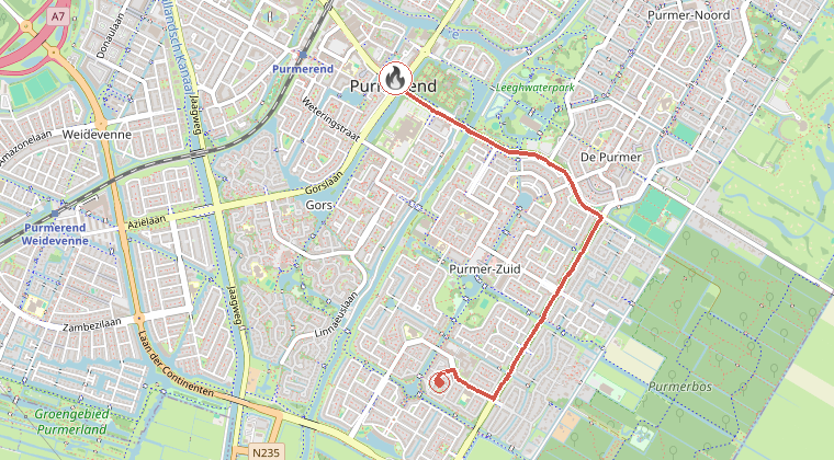 Kaart van de omgeving van de melding, met de kazerne die is gealarmeerd