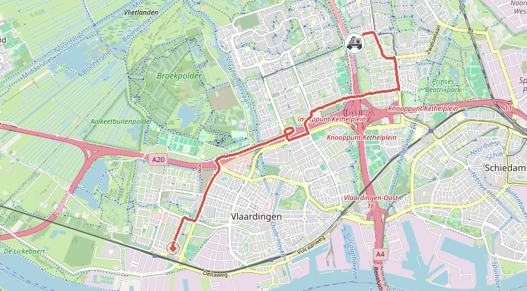 Kaart van de omgeving van de melding, met de kazerne die is gealarmeerd