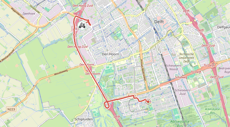 Kaart van de omgeving van de melding, met de kazerne die is gealarmeerd