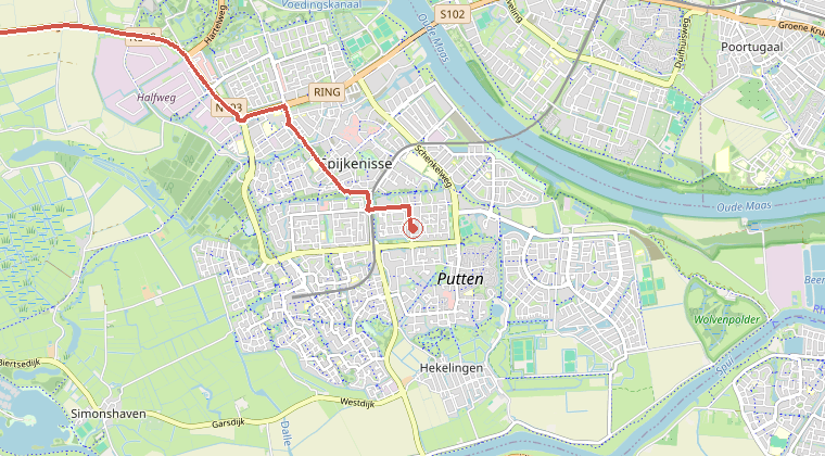 Kaart van de omgeving van de melding, met de kazerne die is gealarmeerd