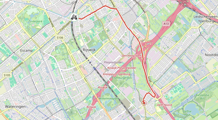 Kaart van de omgeving van de melding, met de kazerne die is gealarmeerd