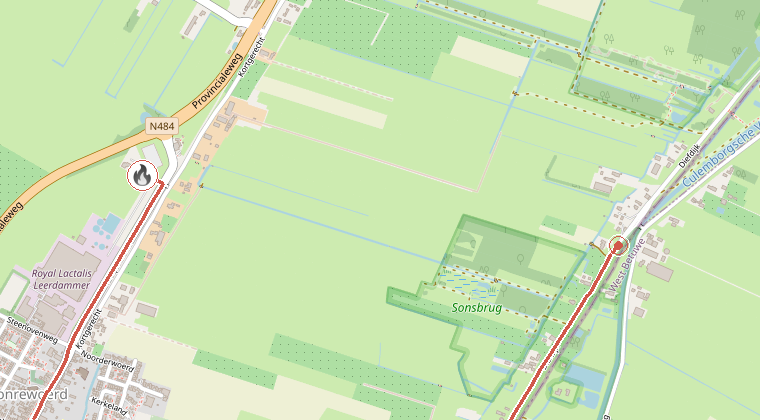 Kaart van de omgeving van de melding, met de kazerne die is gealarmeerd