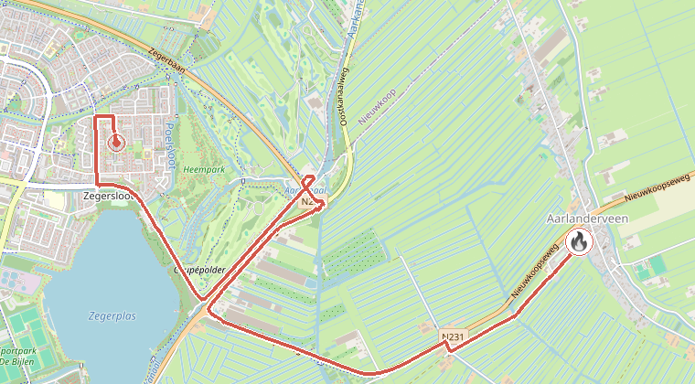 Kaart van de omgeving van de melding, met de kazerne die is gealarmeerd