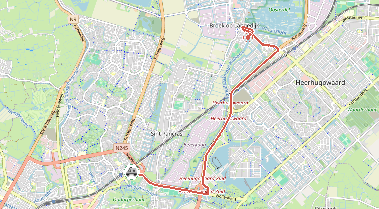 Kaart van de omgeving van de melding, met de kazerne die is gealarmeerd